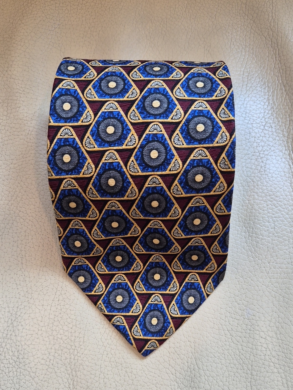 Valentino Hand Made In Italy Blue and Gold Geometric Medallion Silk Tie